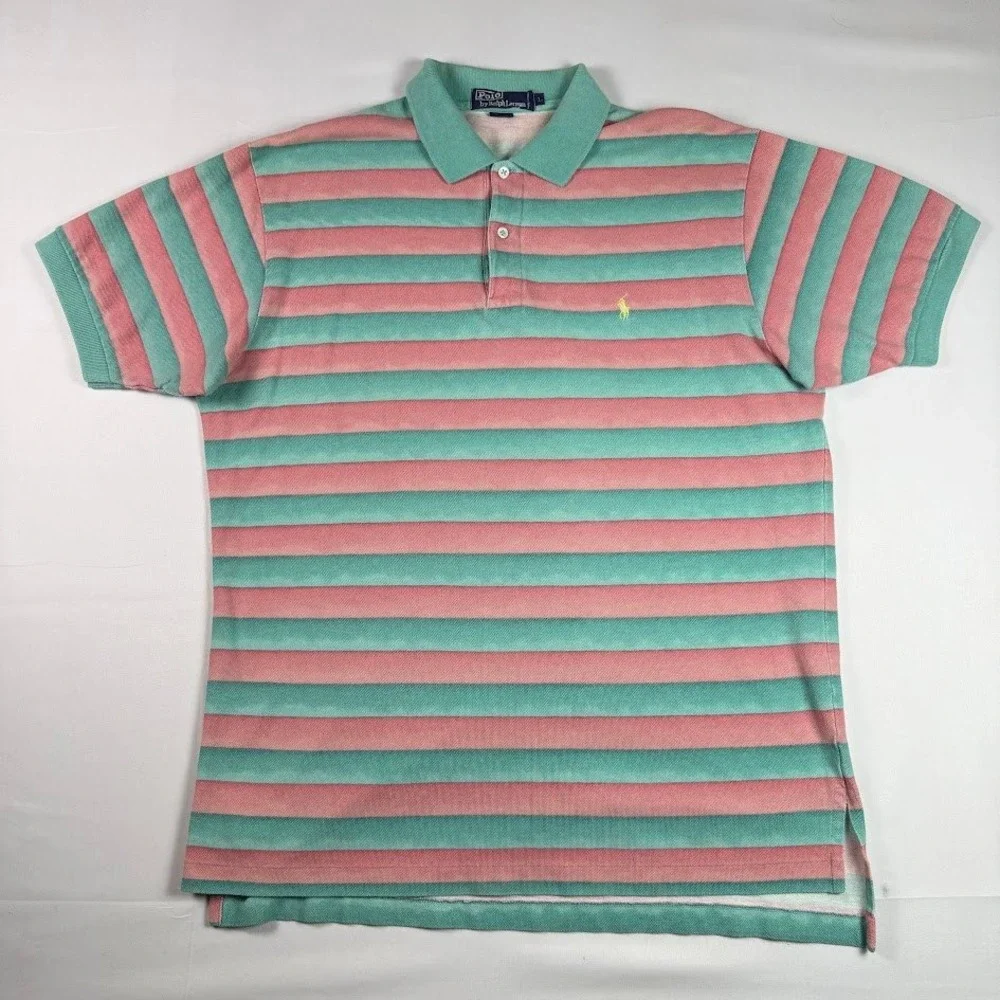 Vintage Polo Ralph Lauren Polo Shirt Faded Striped Pink Teal Green Mens Large